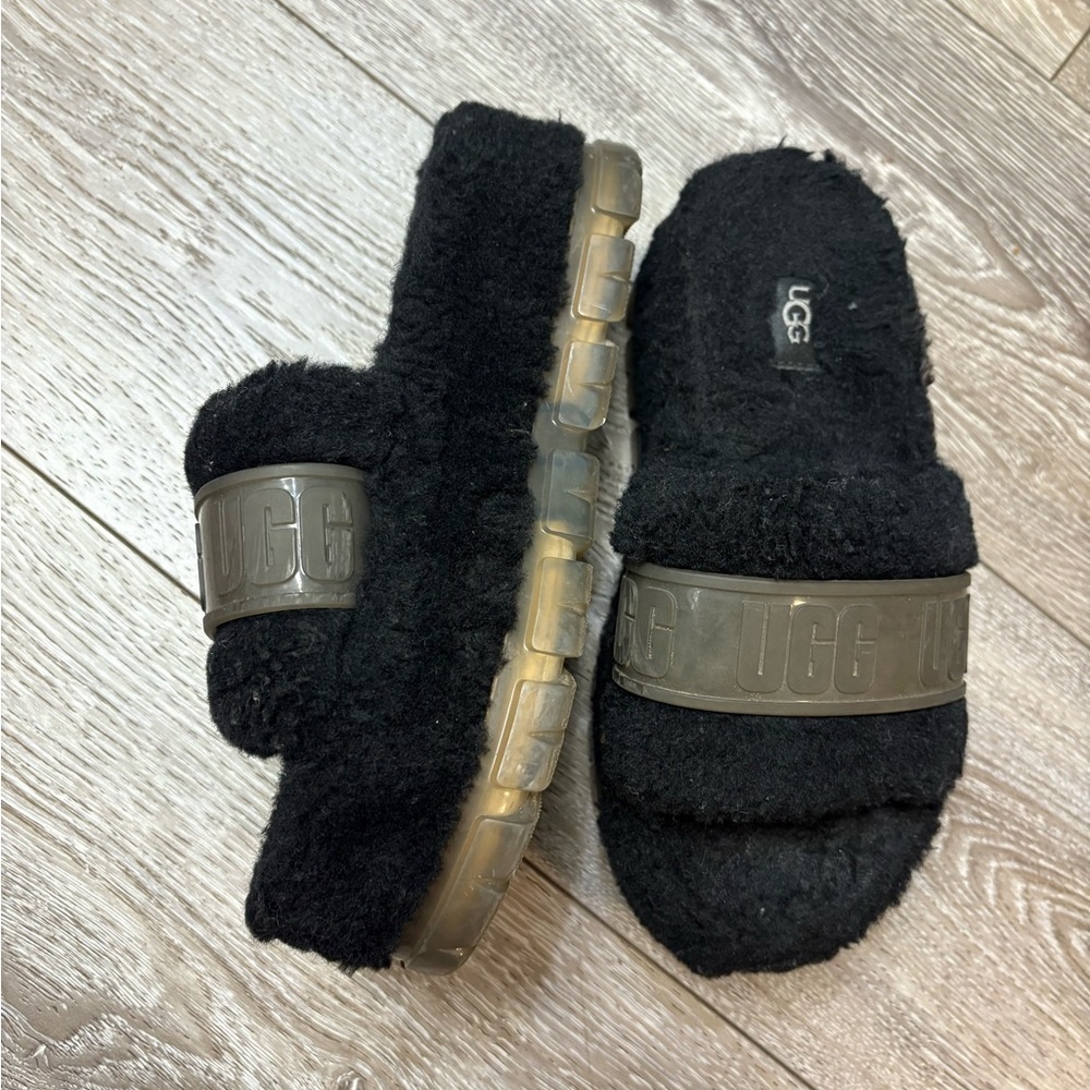 UGG Black Fuzzy Slides with Clear Sole